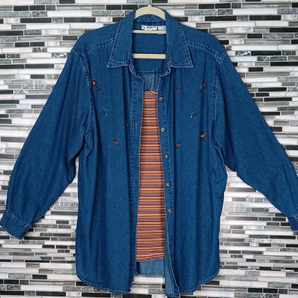 Plus Size 22W Vintage 2 Piece In One Blue Denim Button Down Shirt
